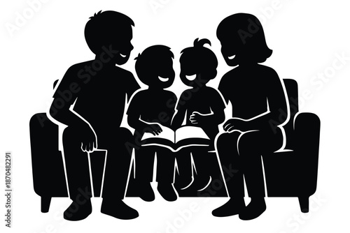 Silhouette of a Mother Cooking with Her Three Children – Concept of Family Bonding, Healthy Nutrition, and Home Education