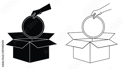 Open and closed cardboard boxes with circular handles vector illustration