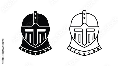 Two medieval knight helmets presented in a simple black and white illustration