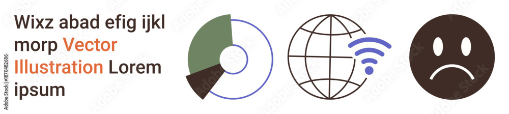 Obraz premium Data analysis, global communication, internet usage, emotional states, business presentations, infographic design. Pie chart, globe with wireless icon and sad face symbol in minimal style. Data