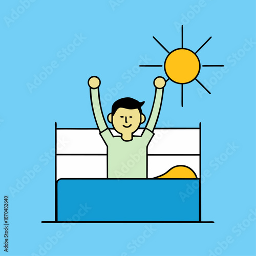 Cartoon illustration of a man waking up in bed with his arms raised and a sun shining
