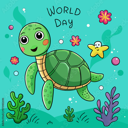 Cute cartoon sea turtle swimming underwater with starfish and flowers for world day celebration.