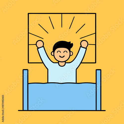 A happy cartoon man waking up in bed with his arms raised as the sun shines brightly