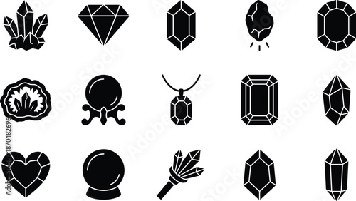Magic Crystal and Gemstone Silhouette Set - Diamond, Quartz, Mineral, and Witchcraft Stone Icons
