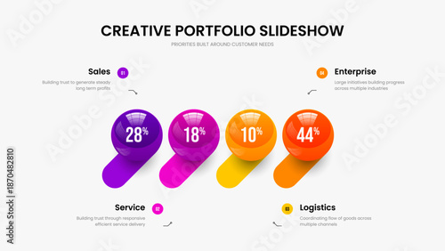 Corporate Solution Four Element Graph Presentation Layout. Advertising Portfolio 4 Step Chart Slide Template. Colorful Campaign Frame Design Vector Illustration.