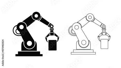 Two robotic arms depicted in black and white line art style