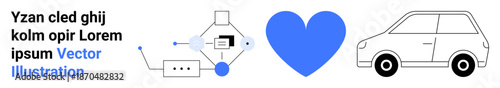 Technology, connectivity, love, transportation, electronics, mobility. Abstract circuit next to a heart and a car icon. Technology and transportation conceptual