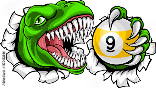Dinosaur nine ball pool billiards sports mascot holding a 9 ball cartoon illustration