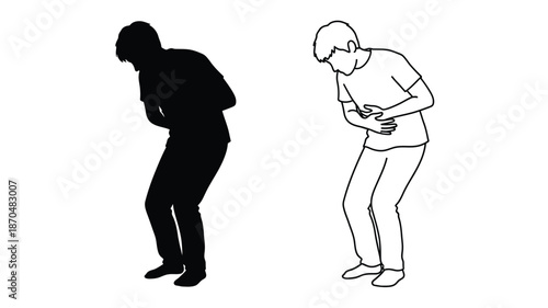Two figures in distress one a silhouette both clutching their stomachs
