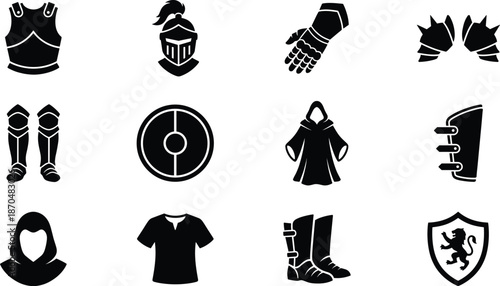 Medieval RPG Armor Vector Icons - Knight Helmet, Shield, Chestplate, Gauntlet, and Fantasy Gear Set
