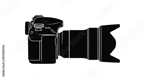 A striking black silhouette of a professional digital slr camera with a large zoom lens silhouette