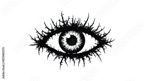 Intense black eye with thorny, spiky lashes against a white background, symbolizing perception or danger.