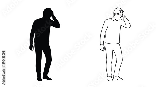 Two figures in contrasting styles one silhouette one line drawing both covering faces