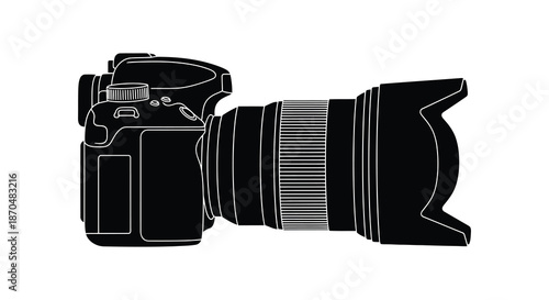 A striking black and white outline depiction of a professional digital slr camera silhouette