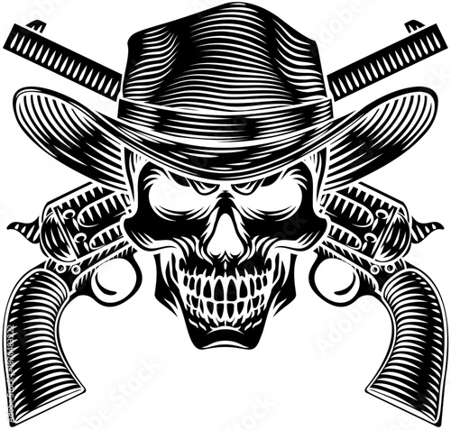 A skull wearing a cowboy hat with crossed western gun pistol revolvers illustration in a vintage woodcut style