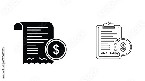 Receipt and clipboard with dollar coin icons representing financial transactions