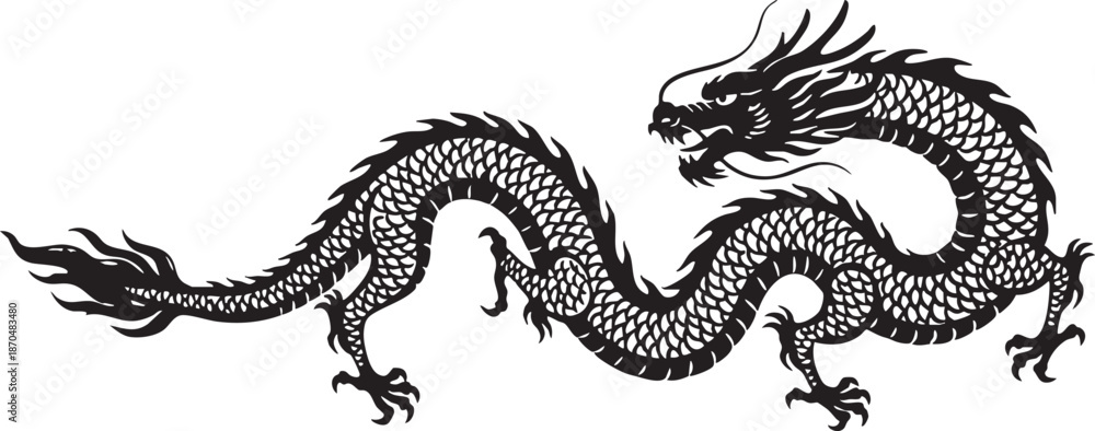 Fototapeta premium Chinese Dragon Silhouette Traditional Sumi Ink Style Isolated on White for Logo Design