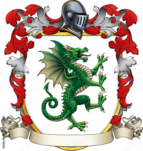 A dragon coat of arms or crest family heraldry medieval heraldic animal knight shield. With helmet and acanthus filigree scroll ornament in a vintage woodcut style.