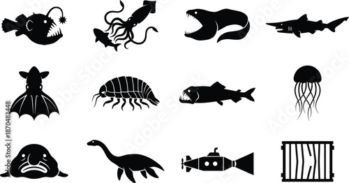 Deep Sea Monster Silhouette Vector Set - Anglerfish, Kraken, Goblin Shark, and Scary Ocean Creatures

