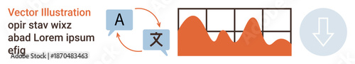 Language learning, translation services, data analytics, communication tools, digital resources, globalization. Icons of translation bubbles, a data graph and a download symbol. Language translation