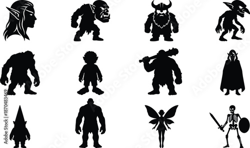 Fantasy RPG Character Race Silhouettes - Elf, Orc, Dwarf, Goblin, Skeleton, and Warrior Avatar Icons
