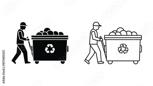 Two workers pushing full recycling bins with the recycle symbol displayed
