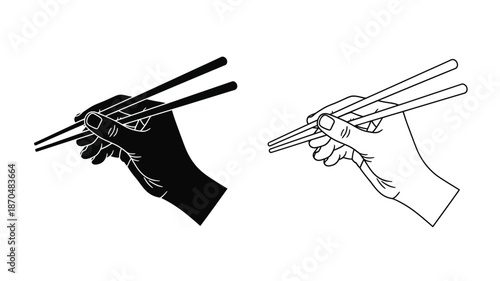 Hands holding chopsticks in contrasting black and white line art style
