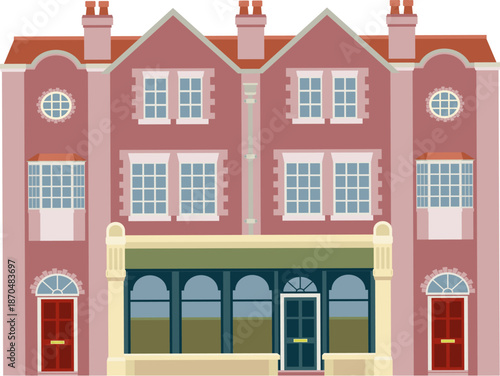 Victorian old English house building. Georgian mansion manor style homes. Vintage British architecture facade illustration.