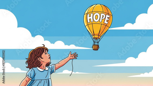 Child reaching for a yellow hot air balloon with the word HOPE symbolizing aspiration and optimism against a cloudy sky