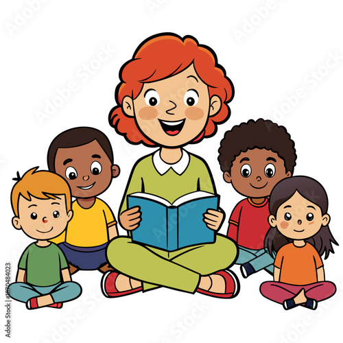 A cheerful family enjoying a storytime session together with colorful books and children