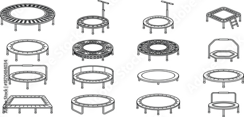 Black Outline Silhouette Collection of Various Trampolines, Jumping Fitness Equipment Vector Set for Sports Exercise Gym and Fun Backyard Activity