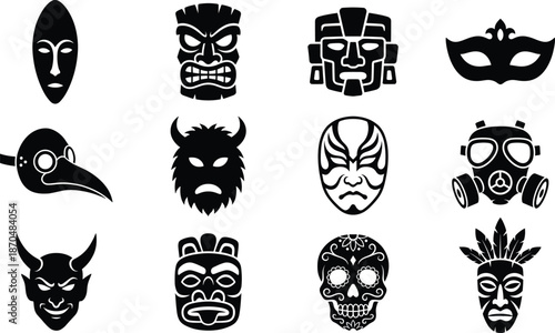 Tribal and Ceremonial Mask Vector Set - African, Tiki, Aztec, Plague Doctor, and Kabuki Face Icons
