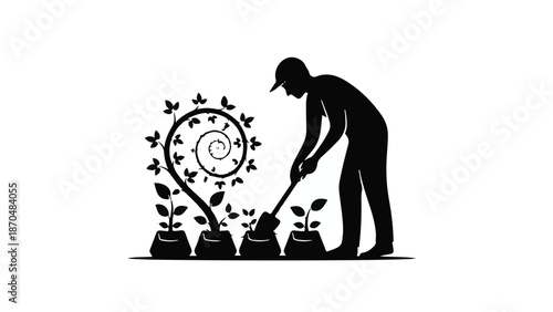 Gardener tending to growing plants in a stylized, organic design