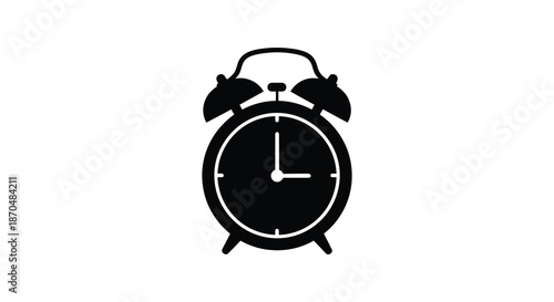 A striking black silhouette of a classic alarm clock showing approximately ten past the hour silhouette