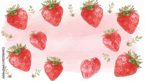 Watercolor illustration of fresh red strawberries and green leaves framing a soft pink background with a delicate artistic touch.