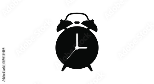 A striking black silhouette of a classic twin bell alarm clock showing the time silhouette