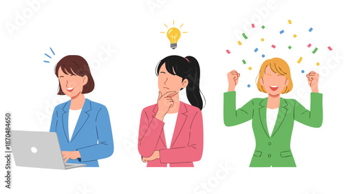 Business success vector illustration showing three women achieving goals with laptops and lightbulbs symbolizing ideas and achievement