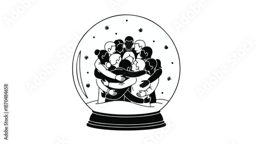 Diverse group of people in a warm embrace inside a snow globe, symbolizing unity and shared connection.