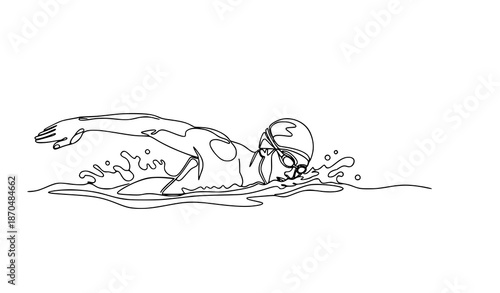 One Line Art Professional Swimmer Training Vector Illustration