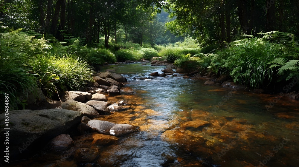 Obraz premium A clear shallow forest stream flows gently over rocks under d d sunlight