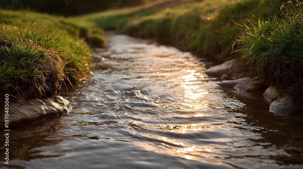 Obraz premium A serene natural stream flows gently through a lush landscape catching the warm golden hour sunlight that glints off its rippling surface