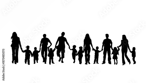 Large Group of Diverse Family Silhouettes Holding Hands