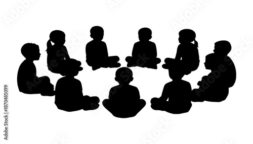 Children Silhouettes Sitting in a Circle Isolated on White Background