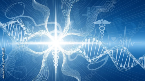 Abstract blue background with DNA helix medical symbols and neural network representing science and healthcare innovation