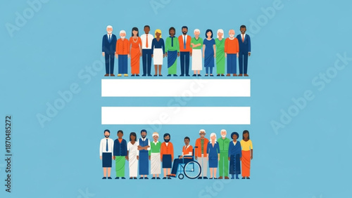 Diverse group of people standing in two rows above an equality symbol representing diversity and inclusion in society
