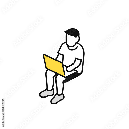 ノートパソコンで仕事をするフリーランス男性のシンプルなベクターアイコンイラスト