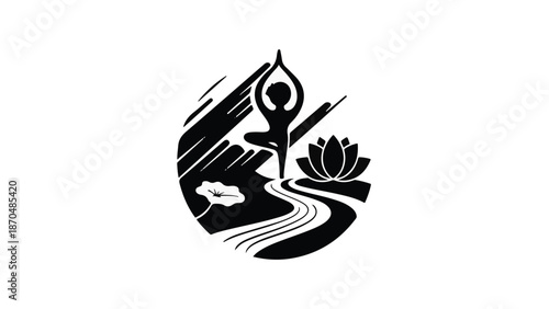 Serene silhouette of a person in a yoga pose amidst flowing water and a lotus flower