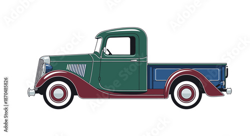 Vintage pickup truck illustration with classic retro design.