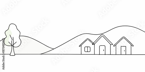 Simple line drawing of houses nestled among hills and a leafy tree