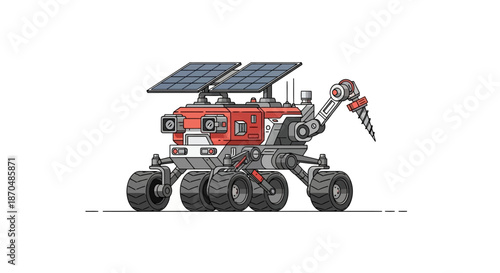 Cartoon space rover with solar panels and drill on white background